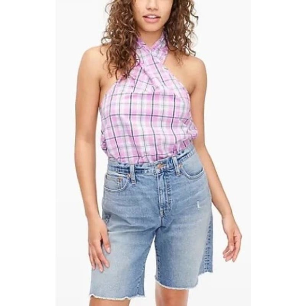 J. Crew Halter Violet Plaid Top Size M Pink Purple Halter
